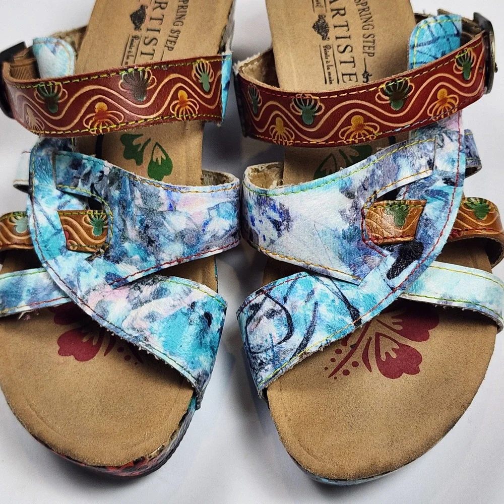 L'Artiste Spring Step Leather Wedge Sandals Women US 6.5 37 Floral Animal Casual